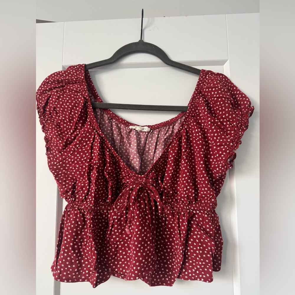 La Hearts Red Floral Tie-Front Puff Sleeve Blouse